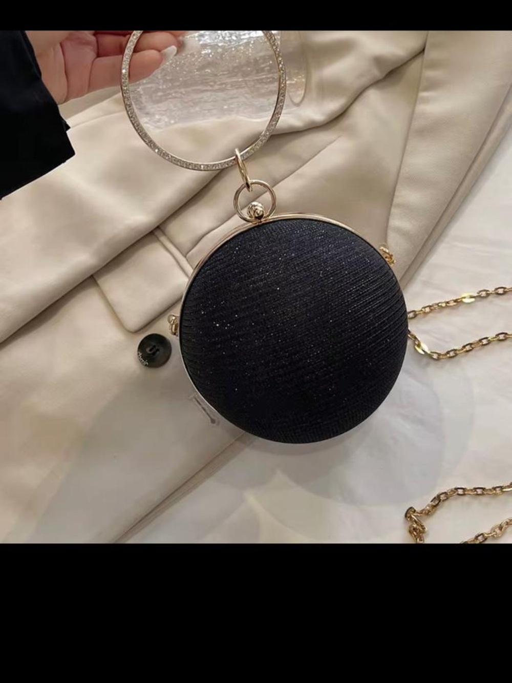 Round Black Sparkle Wristlet Clutch with Gold Hardware
